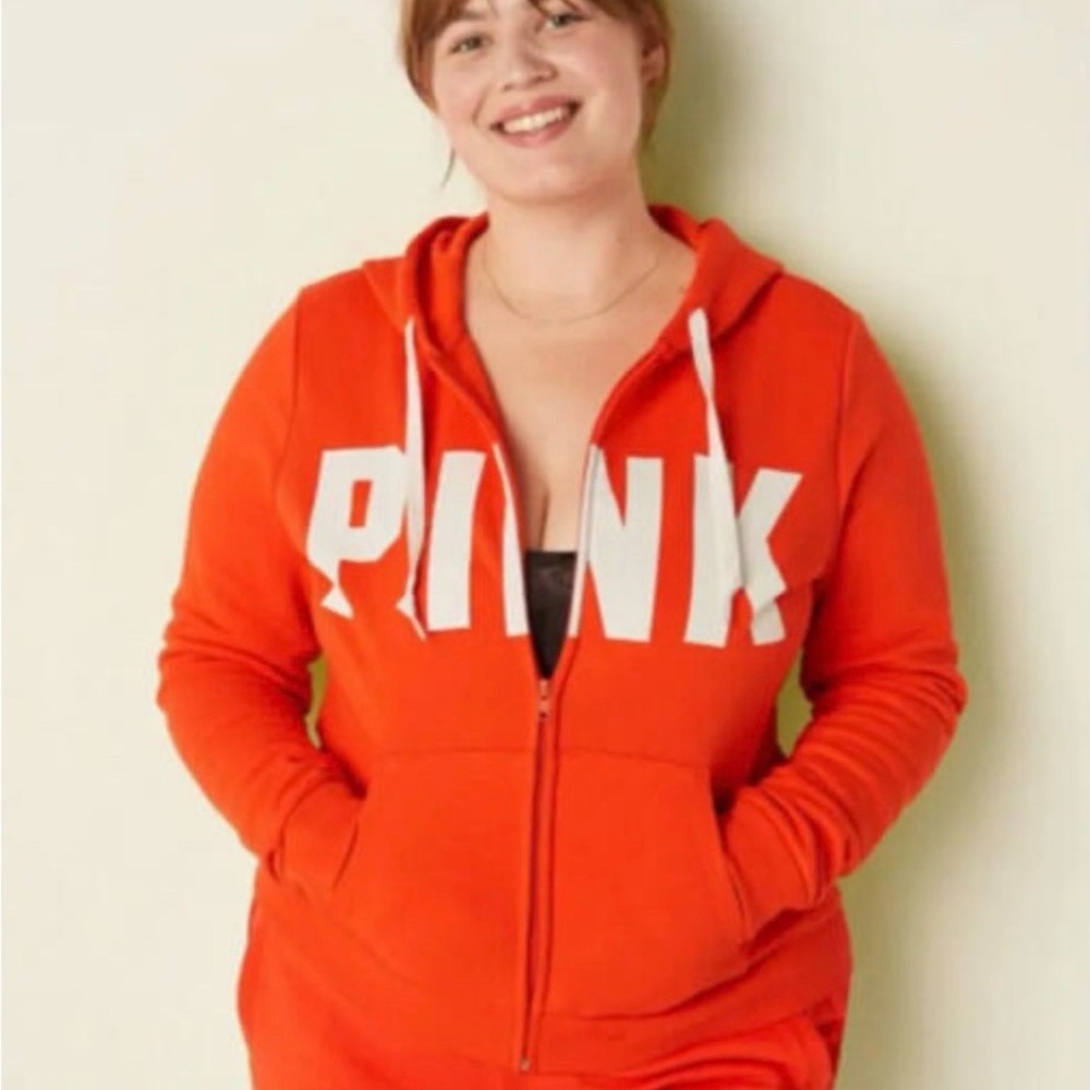 PINK Victoria's Secret Orange Zip-Up Hoodie with White Logo